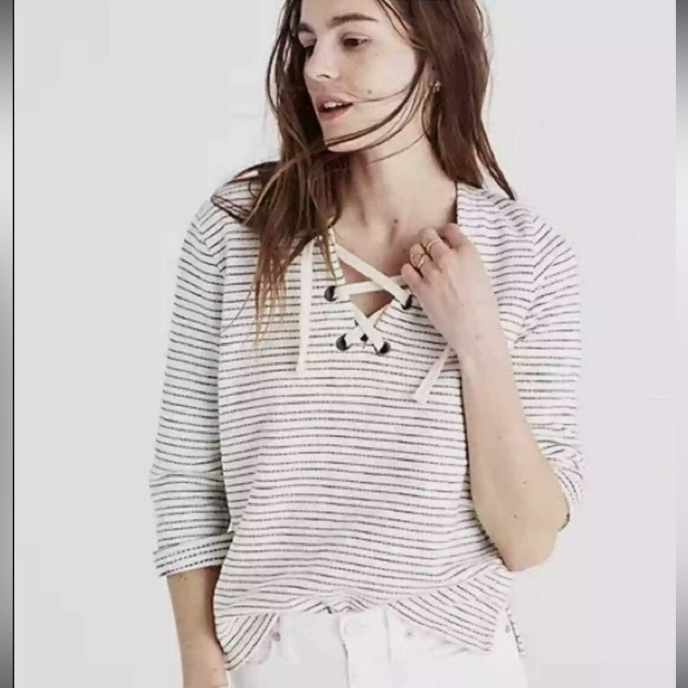 Madewell Cream and Black Striped Lace-Up 100% cotton Sweatshirt